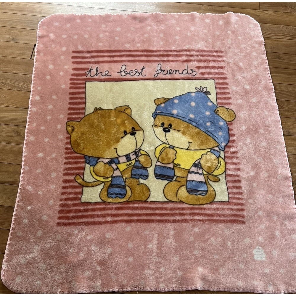 80's VTG Novatex? Pink Fleece  Teddy Bears Best Friends Baby blanket RARE HTF